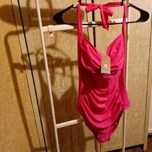 Ruched Halter One-Piece Swimsuit in Hot Pink